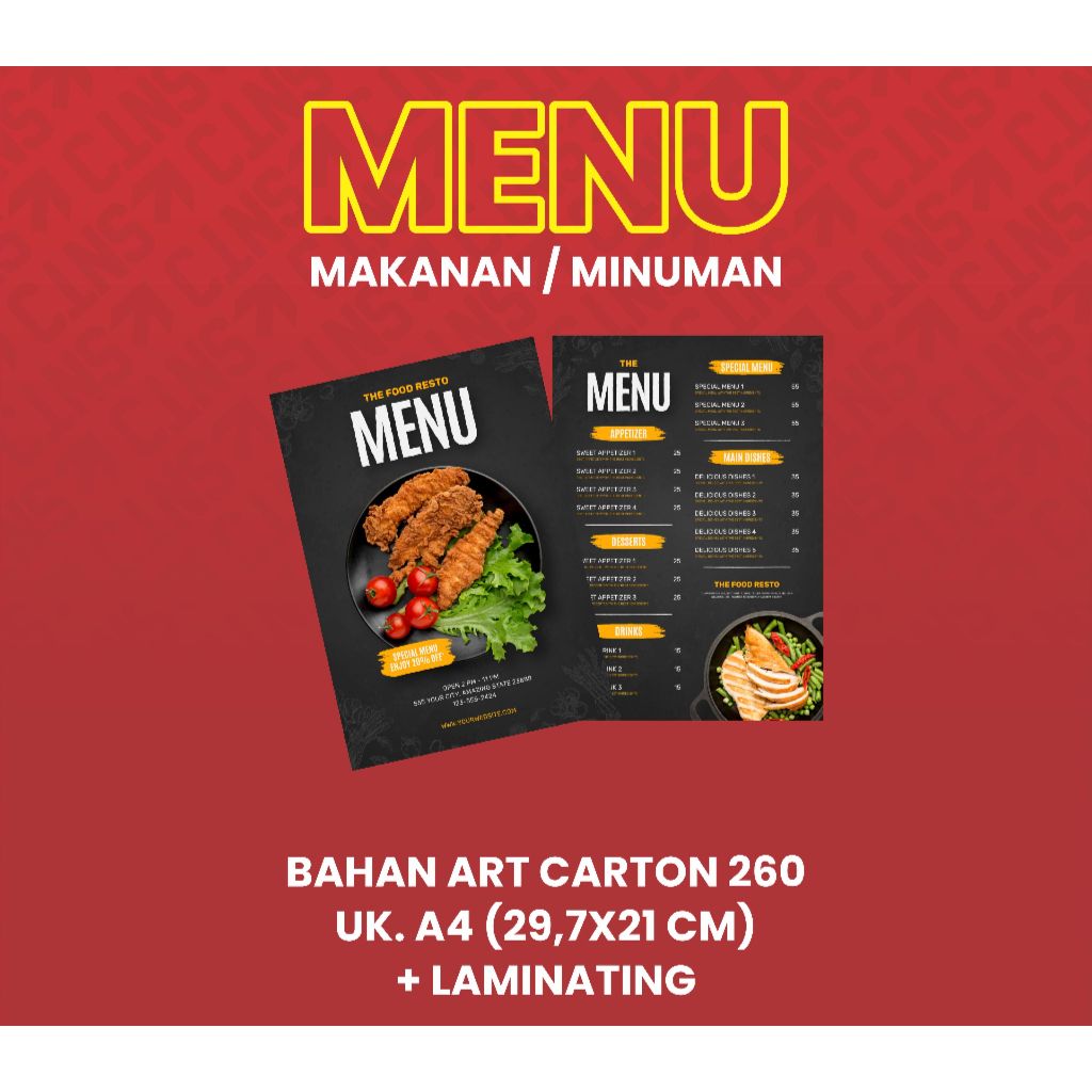 

Cetak Menu, Daftar Harga Makanan Minuman uk A4 bulak balik + Laminating