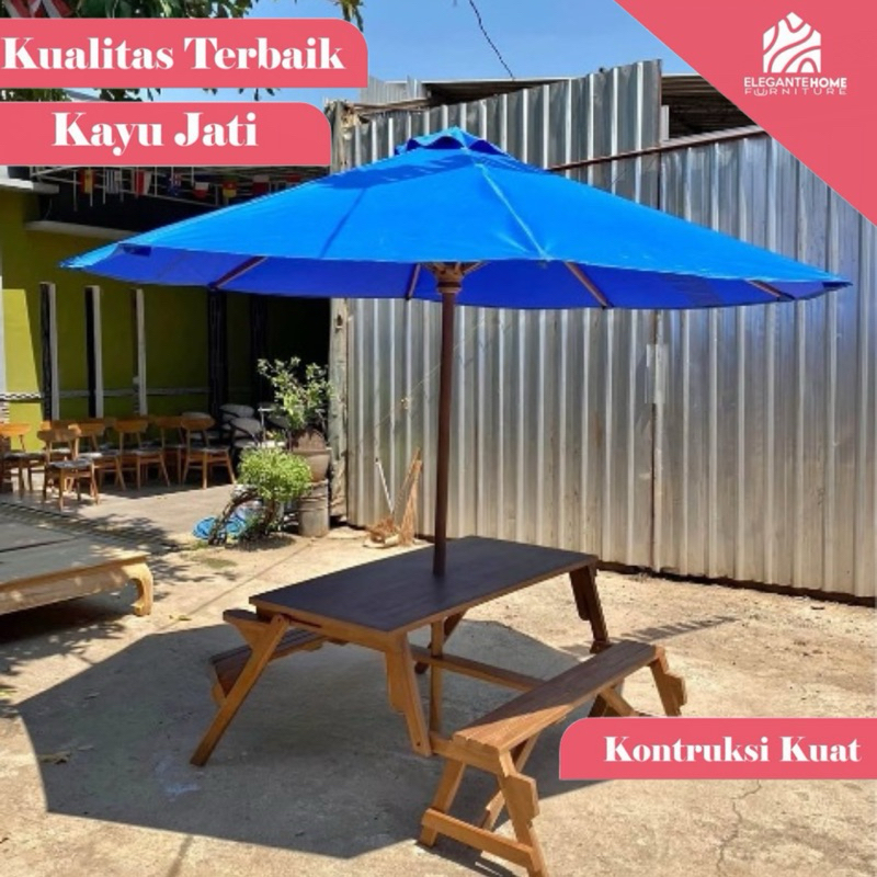 meja kursi magic payung outdoor, meja magic cafe, payung cafe outdoor kayu jati