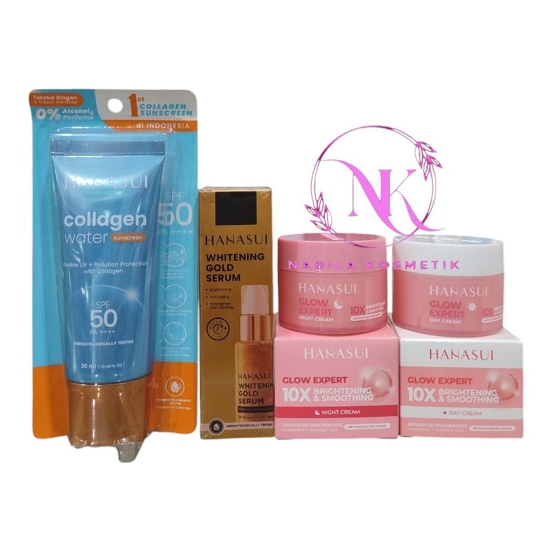 Paket Skincare Hanasui Glowing Anti Aging Skincare Super Komplit Moizturizer / Sunscreen/ Serum gold