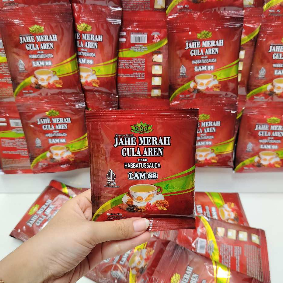 

MINUMAN JAHE MERAH GULA AREN PLUS HABBATUSSAUDA INSTAN RENCENG ISI 12 SACHET