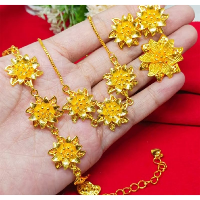 SATU SET PERHIASAN BUNGA KENDARI LAPIS EMAS 24K