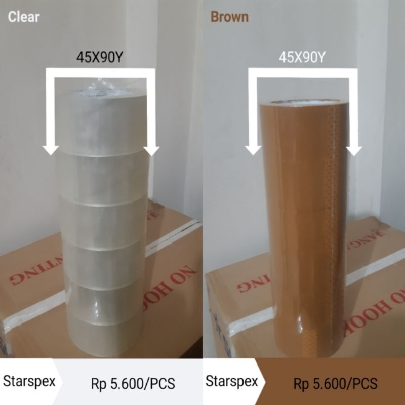 

lakban warna bening dan coklat 45mm, 90 yard
