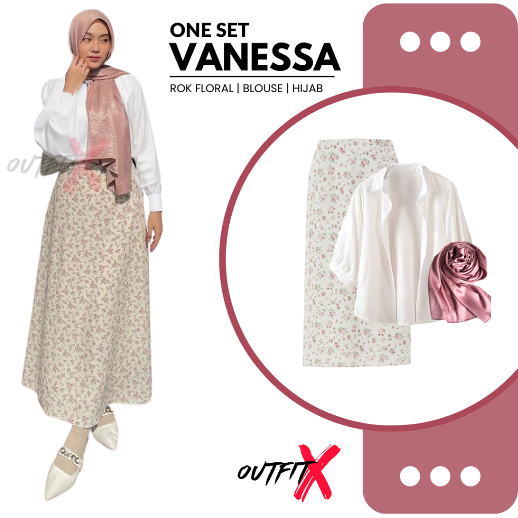 One Set Vanessa OOTD Wanita Kekinian Korea Style Rok Floral Blouse Hijab Outfit Ngampus Santai
