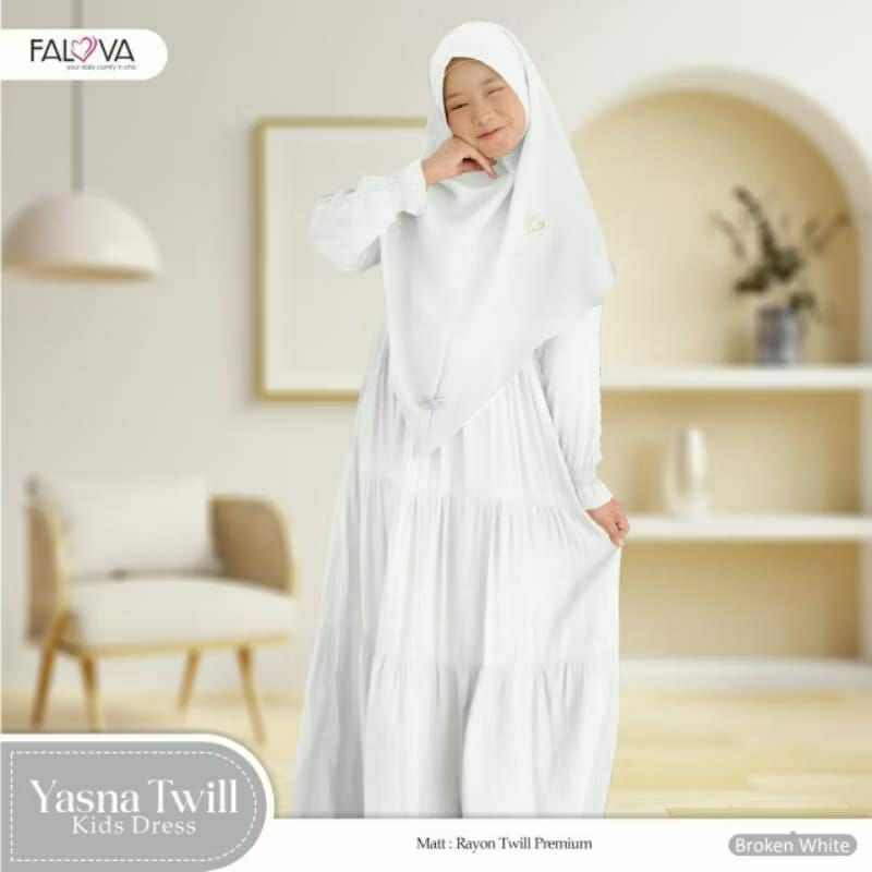 Gamis Jilbab Anak Putih Tulang Hitam Yasna Dress Kids ORI Falova Hijab/Dress BW Black Manasik Haji U