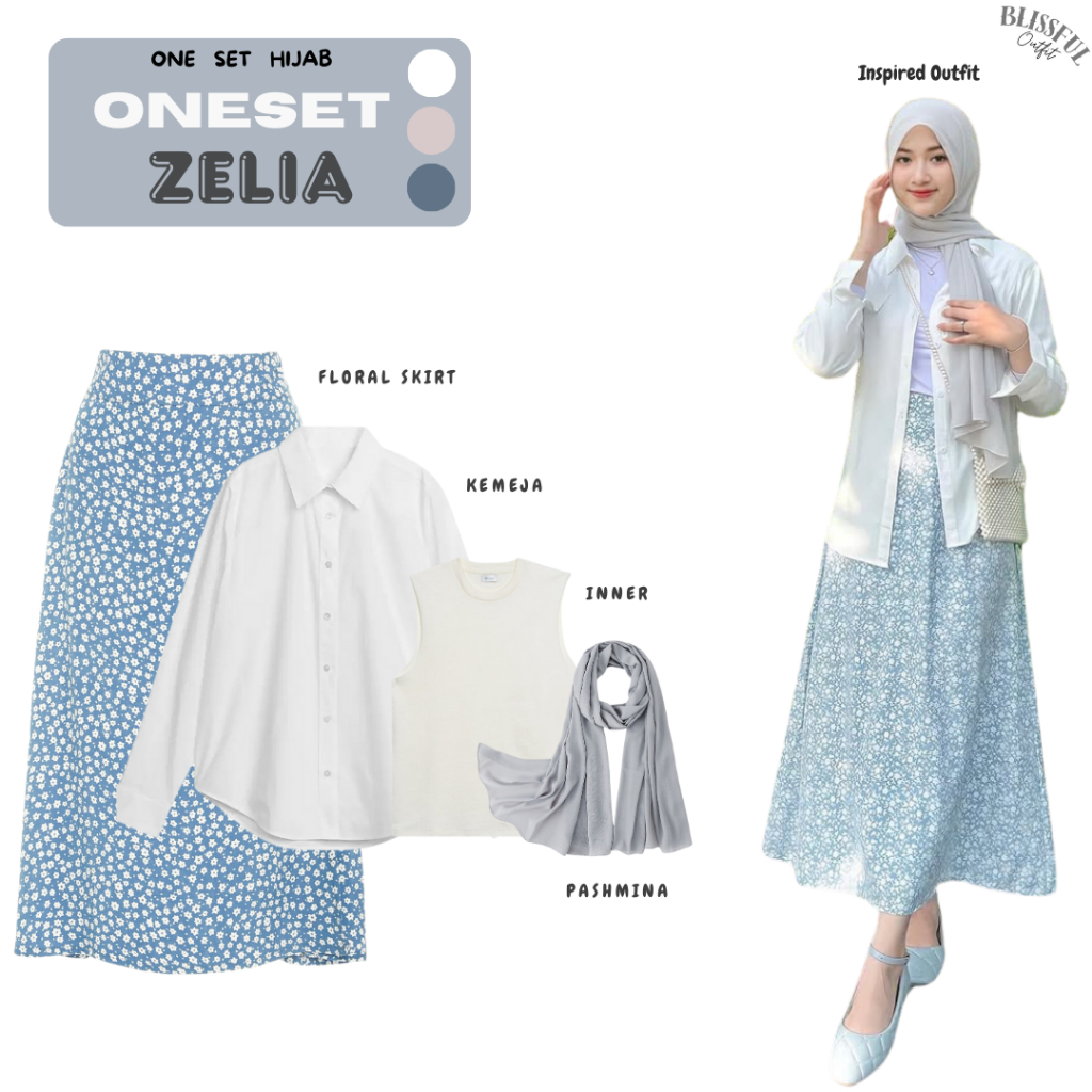 Zelia OneSet Outfit Wanita + Kemeja Putih + Inner + Rok Floral + Pashmina Ceruty OOTD Hijab Lebaran
