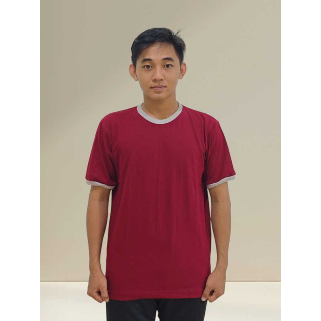 Kaos Cotton Combed 24s Warna Maroon Variasi Rib Abu Muda