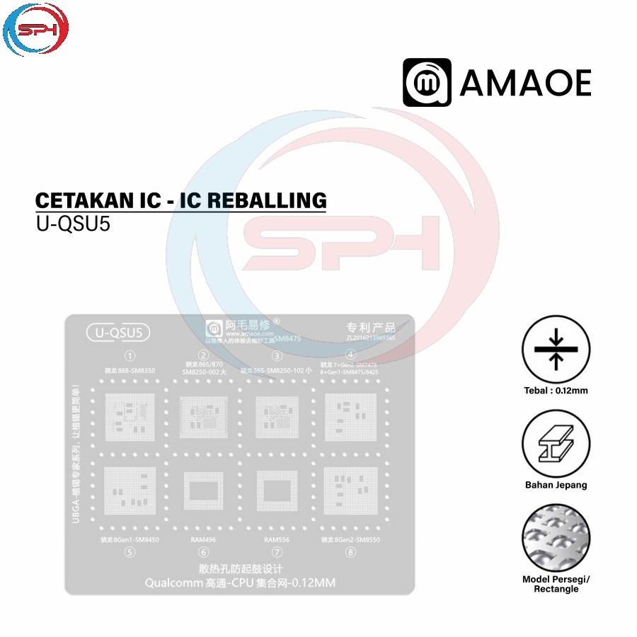 Amaoe U-QSU5 Cetakan IC BGA Reballing Stencil for Qualcomm Snapdragon CPU 888-SM8350/865/SM8250-002/