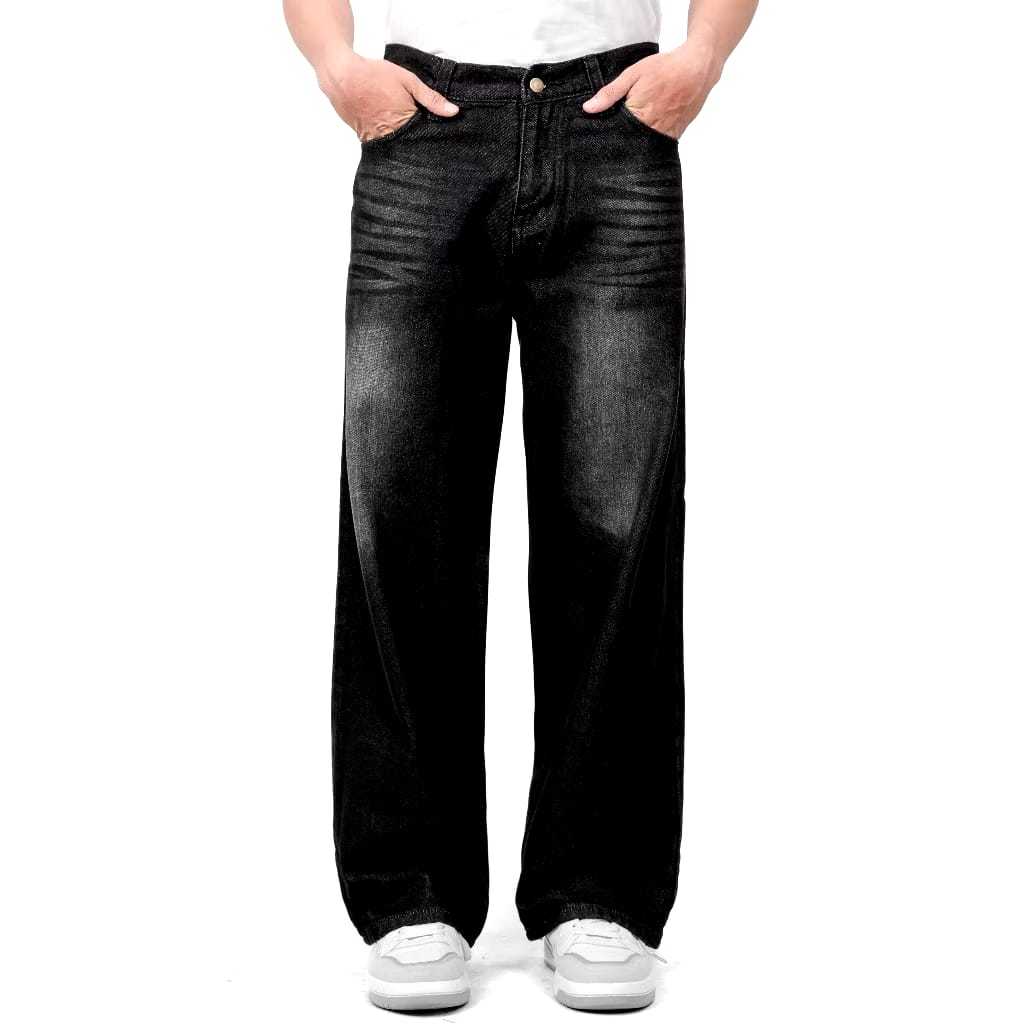 Celana GONDES Jeans Wisker Pria Unisex Wide Leg Gombrong Skena Black Wisker pria loose fit jumbo