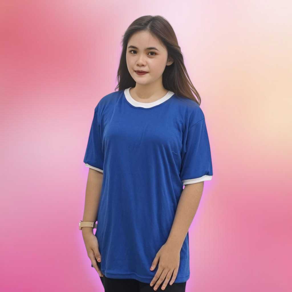 Kaos Oblong Warna Biru Benhur Variasi Rib Putih