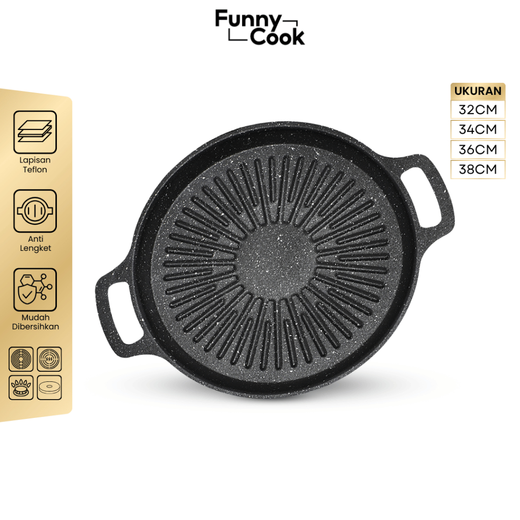 FUNNYCOOK Grill Pan BBQ Tempat Alat Pemanggang Bulat Wajan Bakar Sate Ayam Daging Anti Lengket