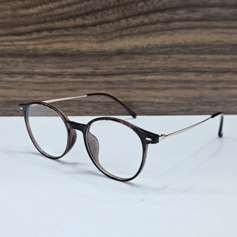 frame kacamata pria wanita bulat bahan metal kombinasi plastik TR1598 006 50 coklat gold