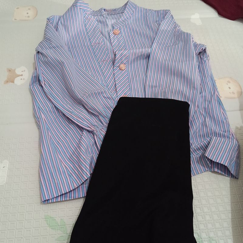 (PRELOVED) Set Baju Kerja Jumbo LD 110 blus kemeja garis salur dan rok span hitam panjang polos
