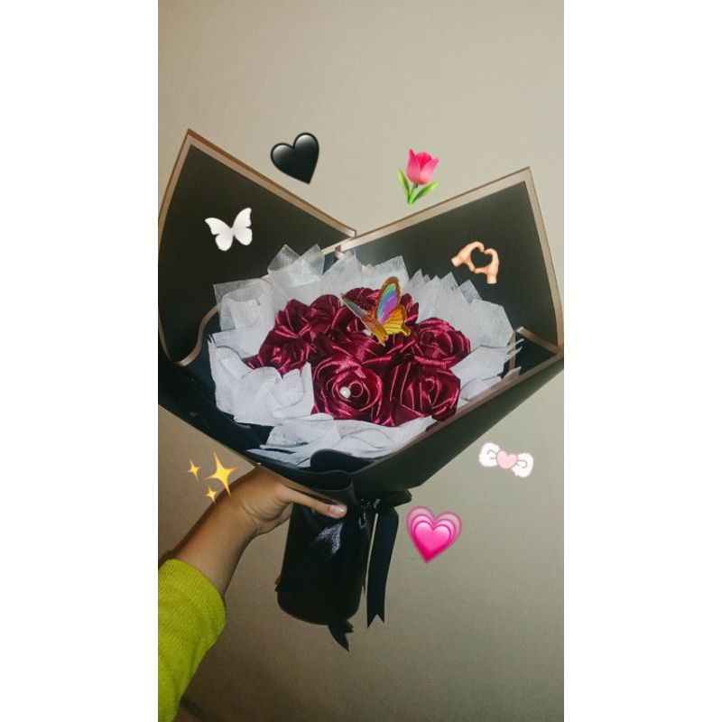 Buket mawar pita satin | ready warna merah dan rose gold