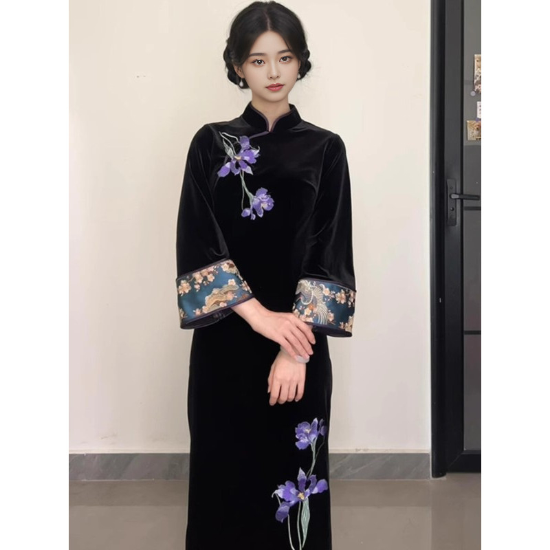 Women's Fashion Retro Old Money Style Improved Cheongsam Dress Elegant Cinched Slimming Long Dress