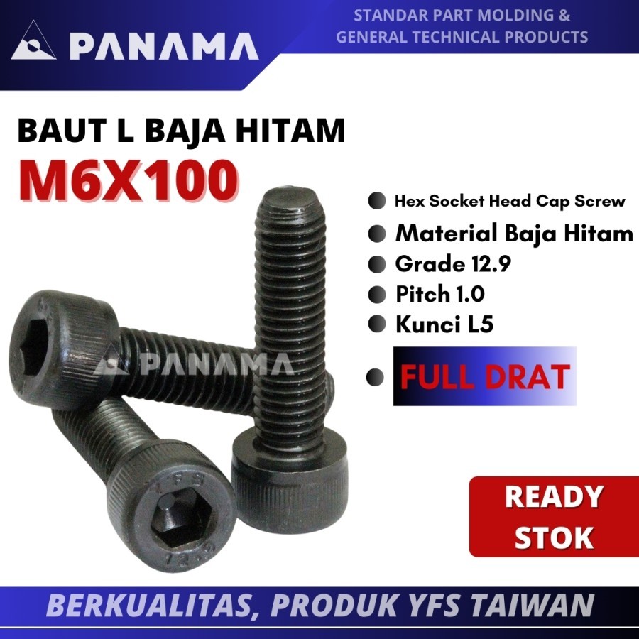 Baut L M6x100 Baut Baja Hitam 12.9 M6 x 100 Full Drat YFS Taiwan