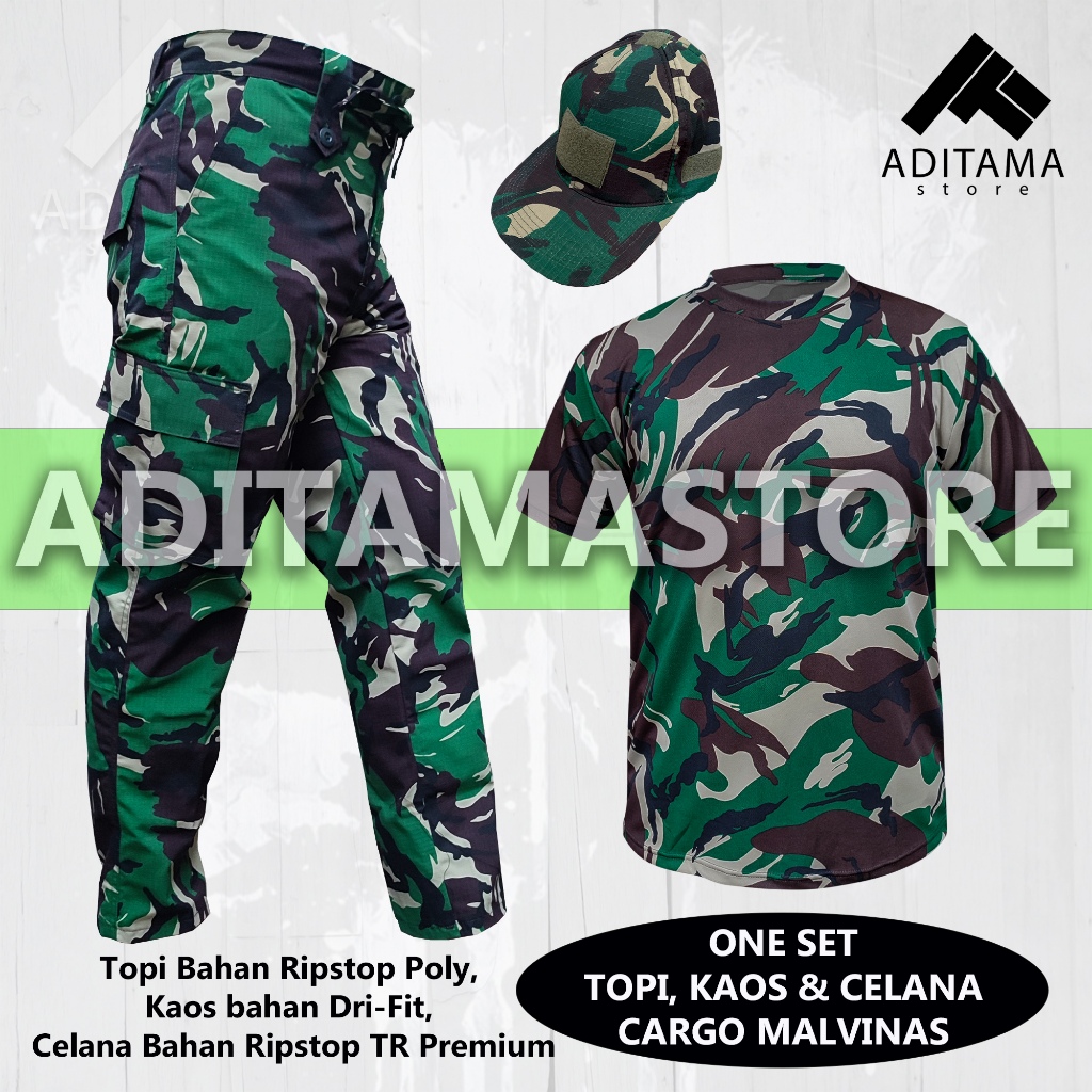 SATU SET SETELAN BAJU KAOS DRYFIT TOPI CELANA PDL LORENG MALVINAS TNI AD OBLONG