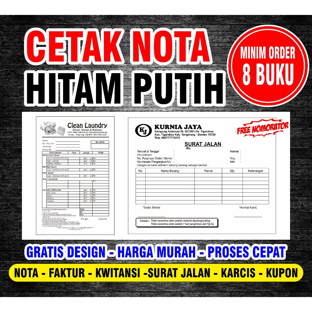 

Cetak Nota hitam putih 1/2 F4