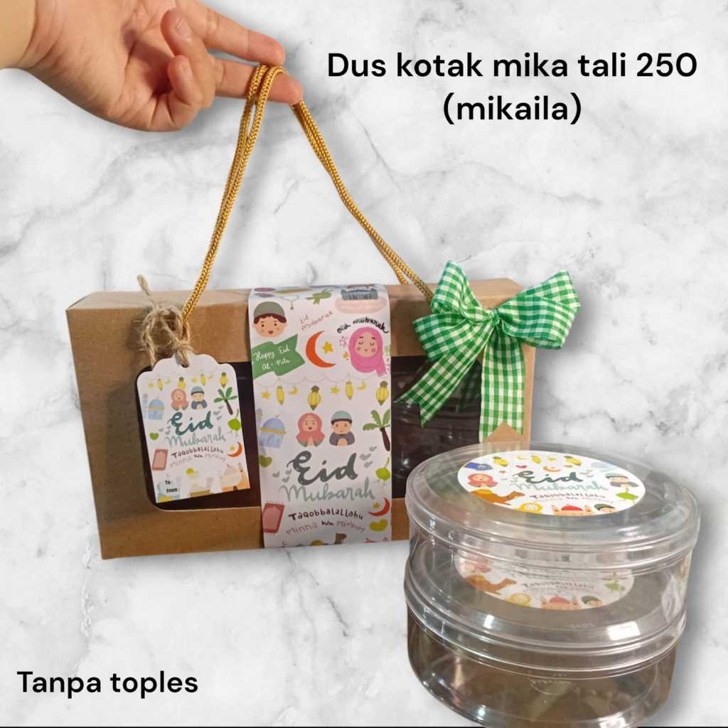 

Dus hampers tali mika isi 2 toples bulat 250 edisi Lebaran Idul Fitri Eid Mubarak
