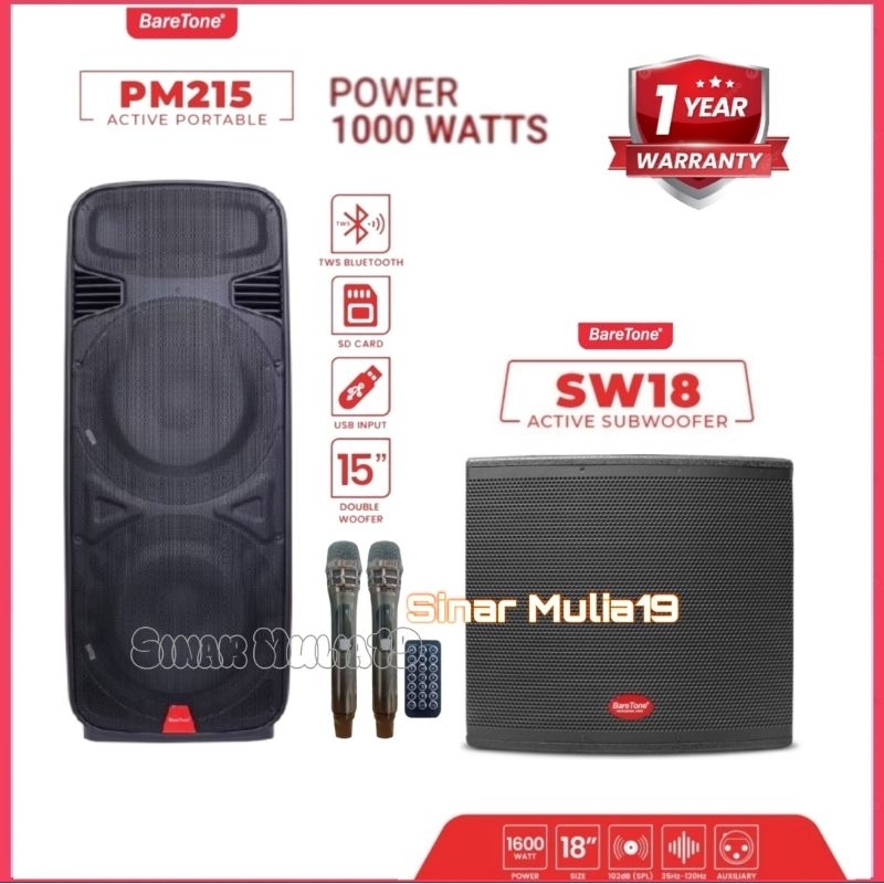 Paket Sound System Speaker Portable Double 15 Inch BareTone PM215 Subwoofer 18 inch BareTone SW18 Or