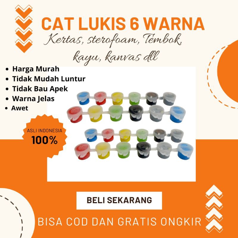 

cat lukis 6 warna untuk media kertas, sterofoam, tembok, kayu, kanvas dll kemasan amn store