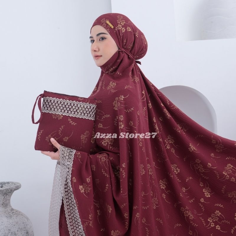Azza Store27 - Mukena Dewasa Syakhira Motif Crinkle Airflow Premium Penutup Dagu Renda Mewah Jumbo