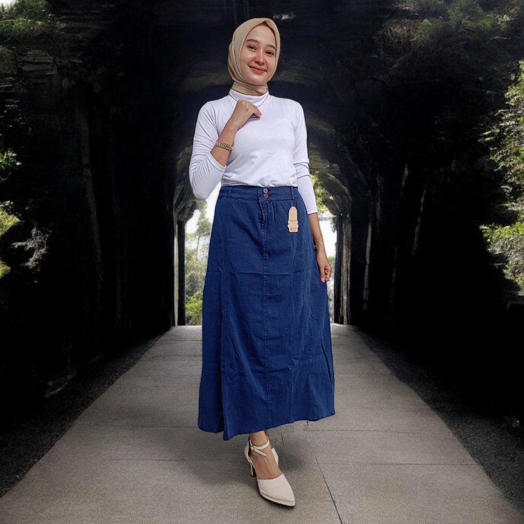Rok Levis Payung Wanita A Line Kekinian Jeans Hijab Style Jumbo Bahan Katun Navi By Ferdosh Outfit