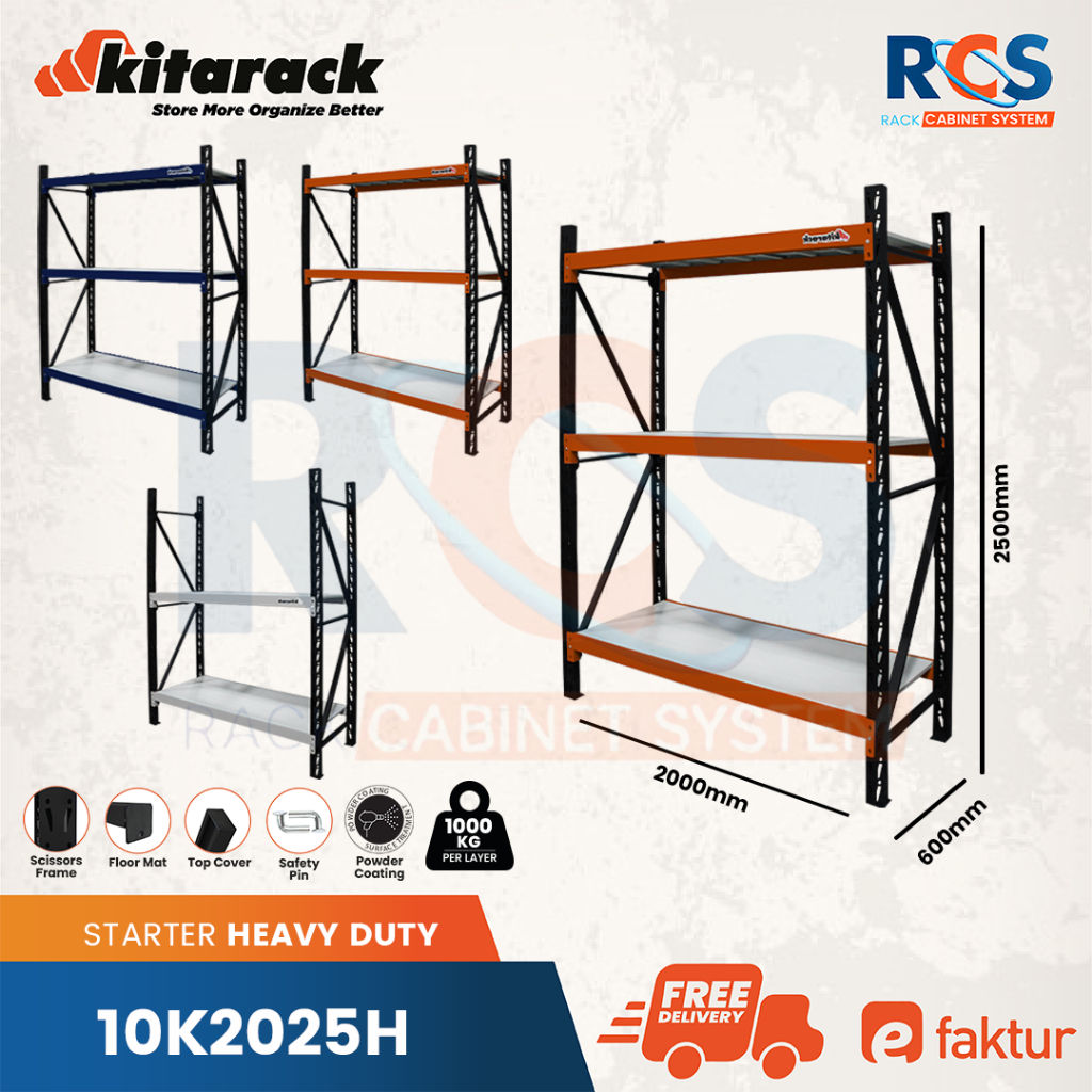 KITARACK Rak Gudang Besi 1 Ton 2.5 Meter Rak Gudang 3 Susun 1 Ton / Layer Hitam