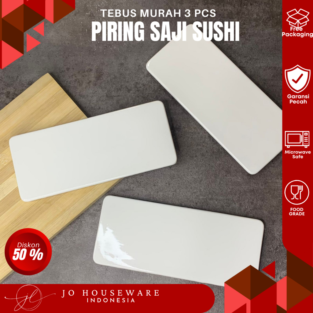 TEBUS MURAH SET 3 PCS Piring segi datar saji sushi keramik premium putih polos ukuran 25,5cm x 11cm 