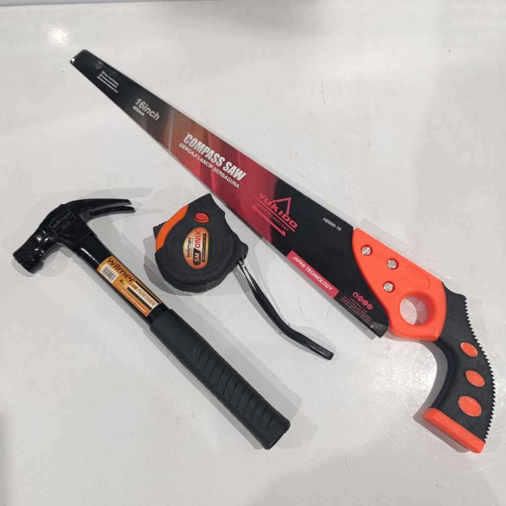 Paket Gergaji Kayu 16" Palu Kambing Gagang BESI MAGNET 12 oz Gergaji Kayu Gagang Plastik 12 Inch