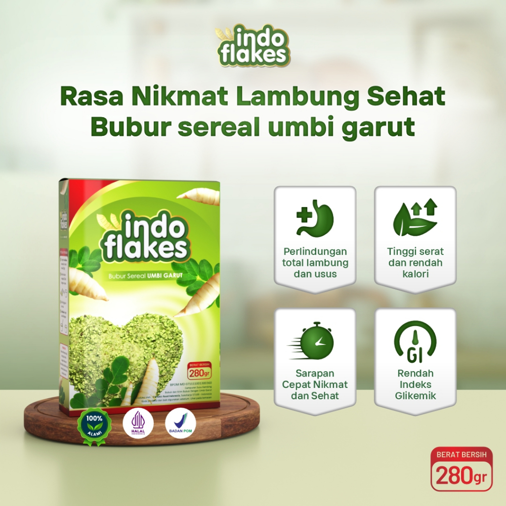 

Indoflakes Sereal Umbi Garut Asam Lambung Sarapan Sehat, Bebas Asam Lambung & Maag 1 Box