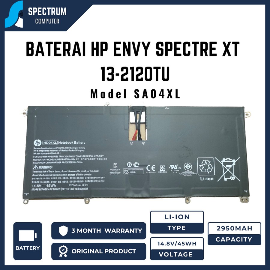 Baterai HP Envy Ultrabook Spectre XT 13 13-2120TU 13-2021TU HD04XL