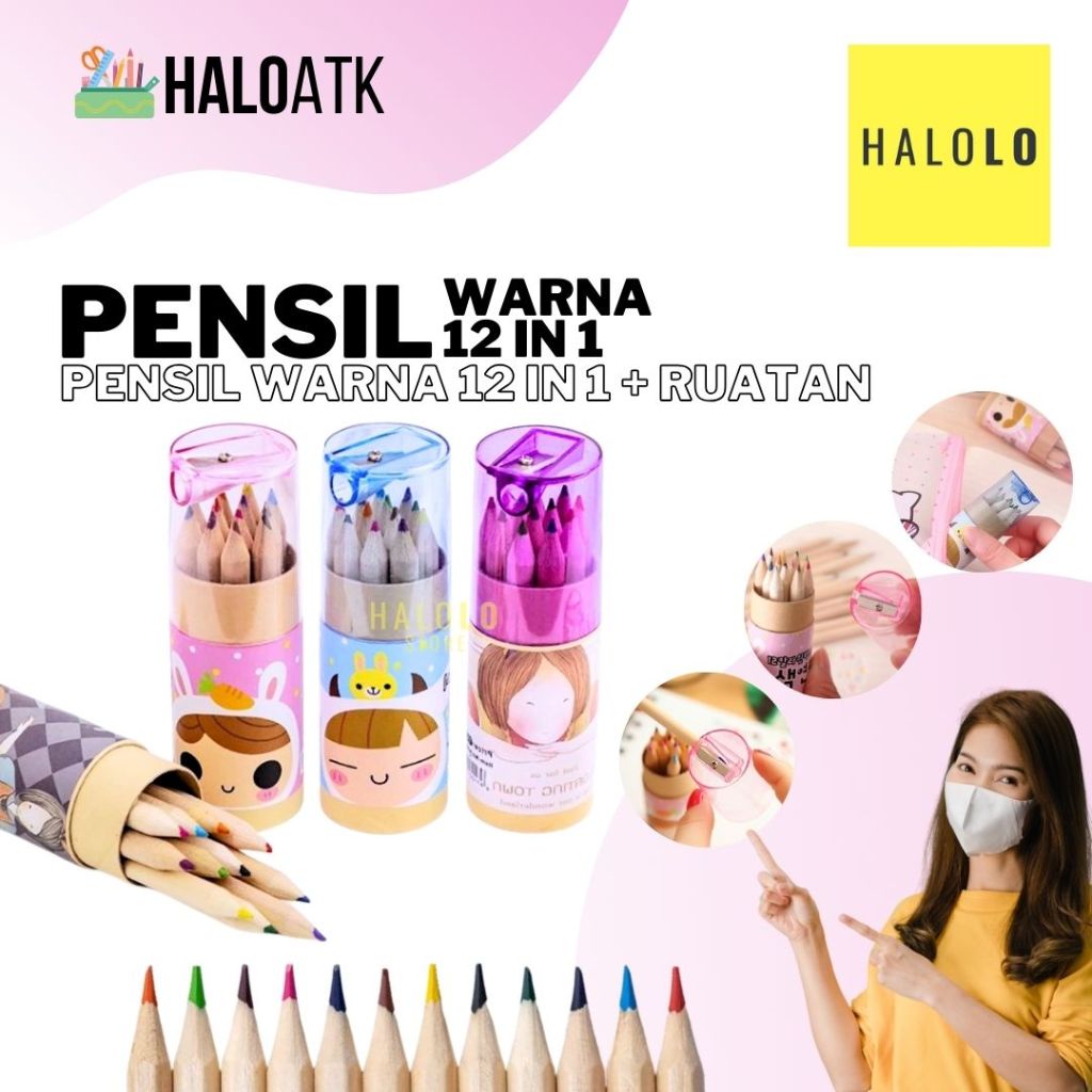 

Pensil Warna 12 IN 1 + Serutan Kemasan Tabung Pensil Warna Karakter 12in1 + Rautan