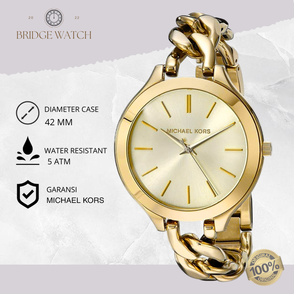 Jam Tangan Wanita Michael Kors MK3222 Slim Runway Gold Plated Stainless Steel Strap Rantai Mewah Ori