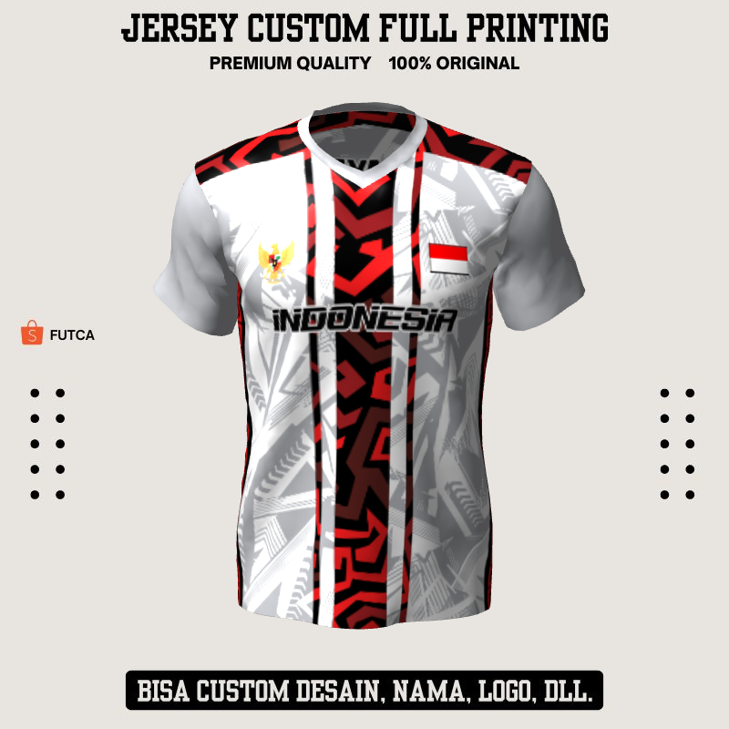Kaos Jersey Futsal Putih Abu Merah Motif Abstrak 336 - Jersey Custom Full Printing Lengan Pendek