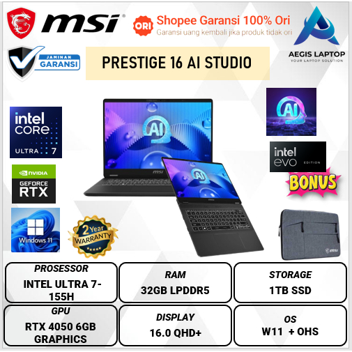 MSI Prestige 16 AI Studio GeForce RTX 4050 - ULTRA 7 155H 32GB 1TB SSD W11 OHS QHD+