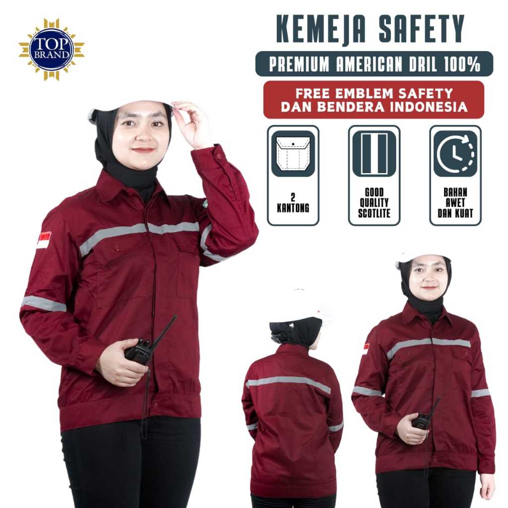 BAJU ATASAN LENGAN PANJANG/BAJU SAFETY/KEMEJA SAFETY/WARNA MERAH MAROON BAHAN AMERICAN DRILL S-XXL