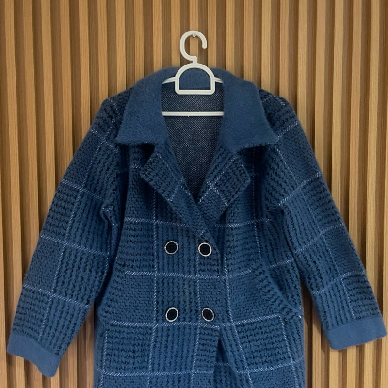 [PRELOVED] WINTER JACKET BLAZER WANITA TEBAL JAKET MUSIM DINGIN BIRU KOTAK KOTAK GARIS GARIS MANTEL