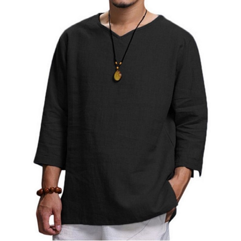 Baru Pria V Leher Katun Linen T-Shirt Pria Bernapas Warna Solid Lengan Panjang Kasual Longgar Linen 