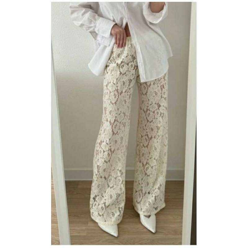 lace pants , celana brukat, celana kekinian, celana putih, celana bahan brukat, celana kulot