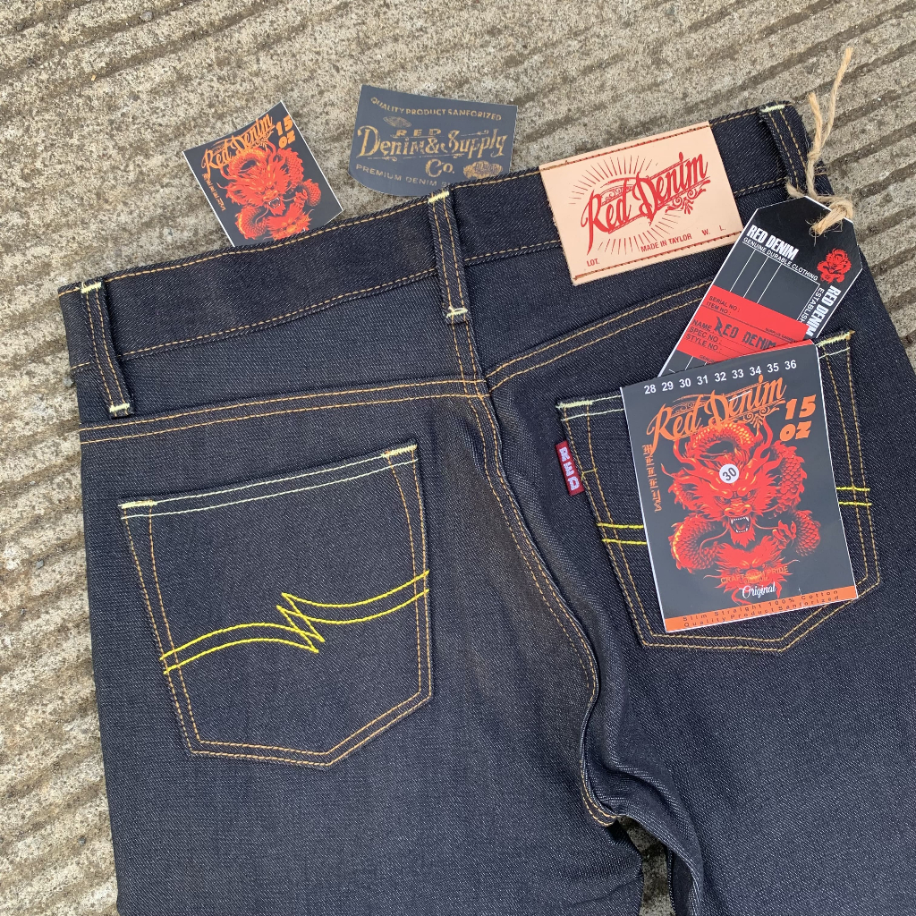 RED DENIM - Denim Black Indigo 15Oz Sanforized Raw Denim Accent Selvedge Original