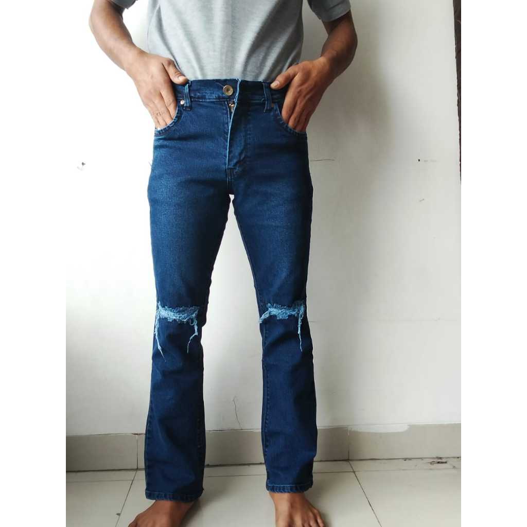Celana Pria Cutbray Sobek Panjang Bahan Katun Strech Melar Warna Biowash Denim