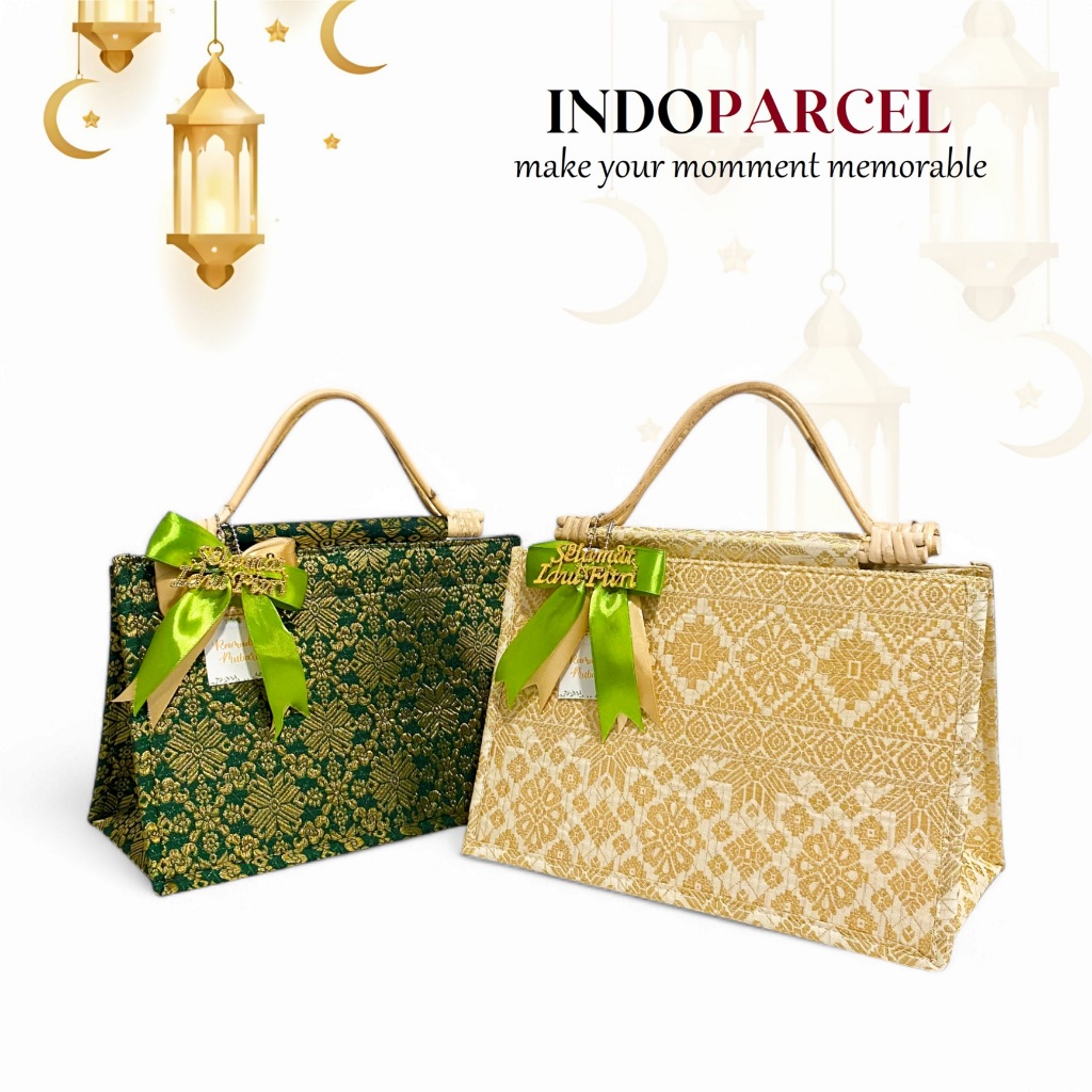 

iDk90 INDOPARCEL - Tas Hampers Lebaran Kain Songket Handle Rotan Bungkus Kemasan Tas Kado Goodie Bag