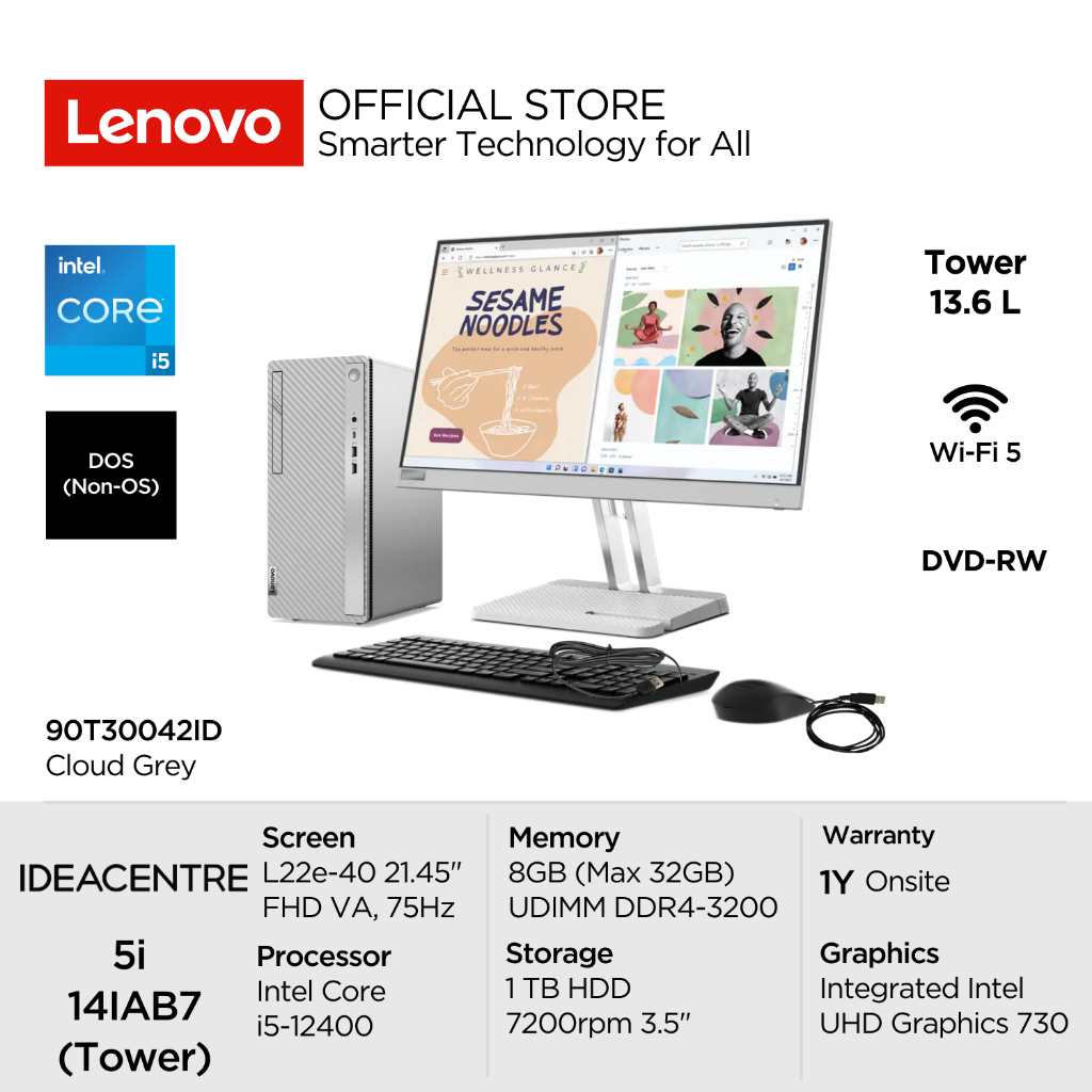 Lenovo PC IdeaCentre 5i 14IAB7 42ID Intel Core i5-12400 DOS 8GB 1TB HDD Integrated Intel UHD 730 DVD