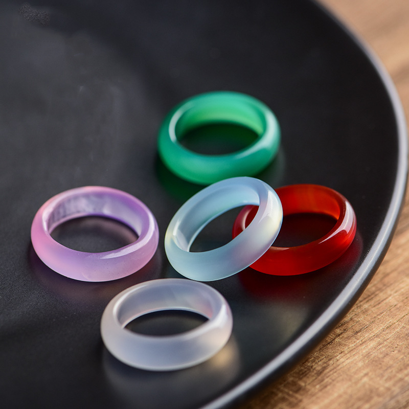 Cincin Batu Agate Brazil Mirip Giok Jade / Cincin Minimalis Transparant Warna Warni Hijau Hitam Mera