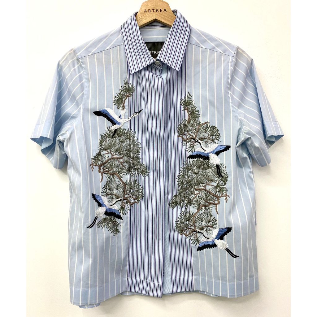 SS Blue Birds Back Gatherss Shirt - Ukuran S - ARTKEA Stripes for GADIS Special Sale