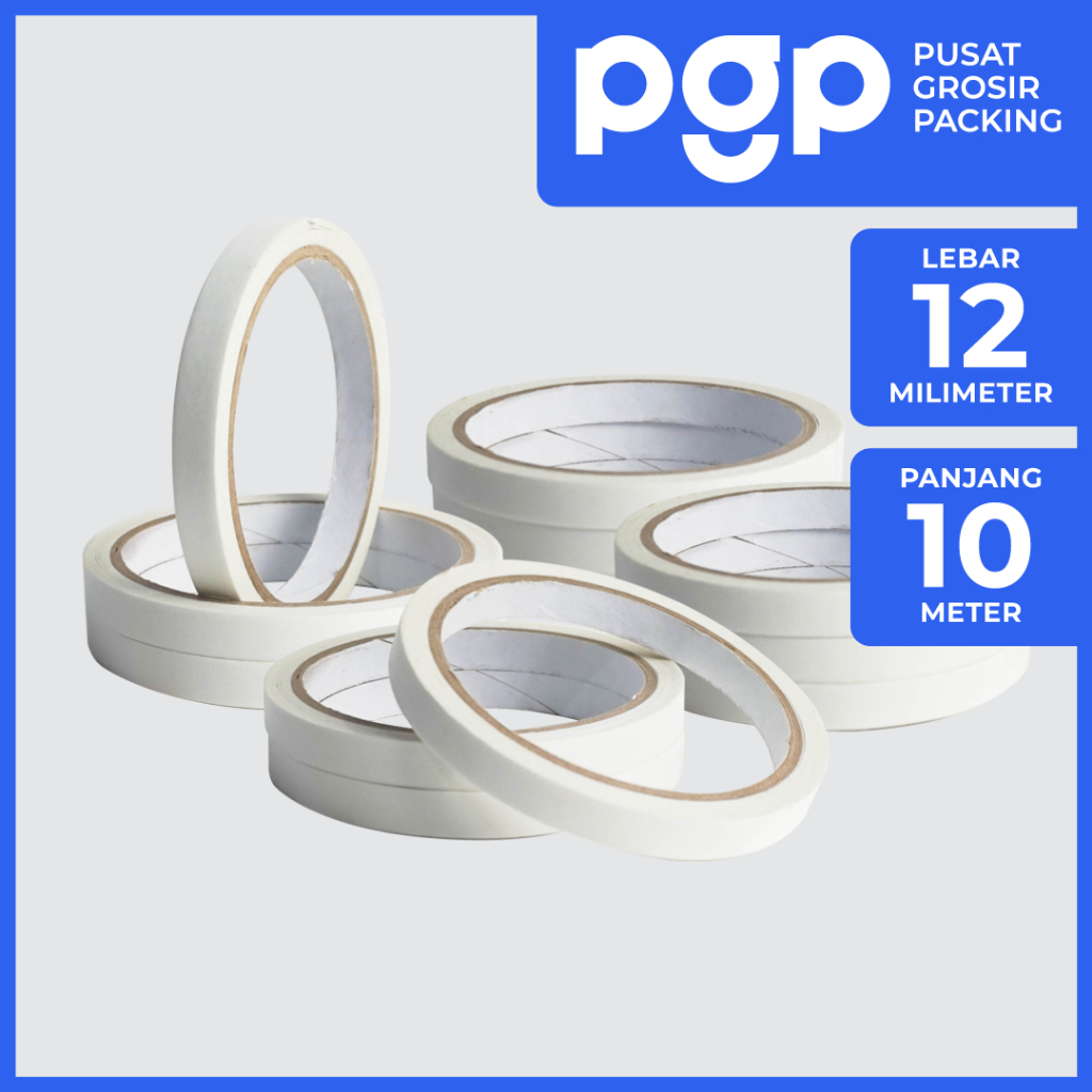 

Double Tape Kertas 12mm x 10 Meter | 1 Slop Isi 12 Pcs/Roll | Lakban Murah Berkualitas