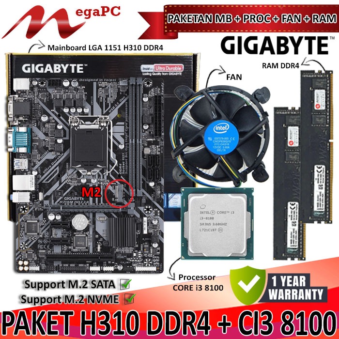 Paketan Mainboard 1151 H110 H310 DDR4 + Core i3 8100 + FAN + RAM