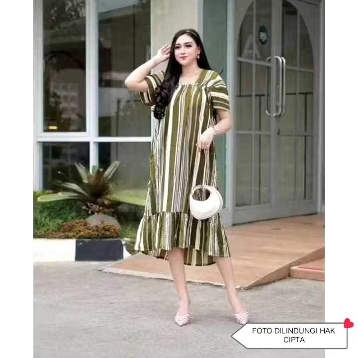 Gaun Garis Abu-Abu dengan Tali Putih Baju Daster Fuji Motif Salur Meriah Pollycotton Premium Import