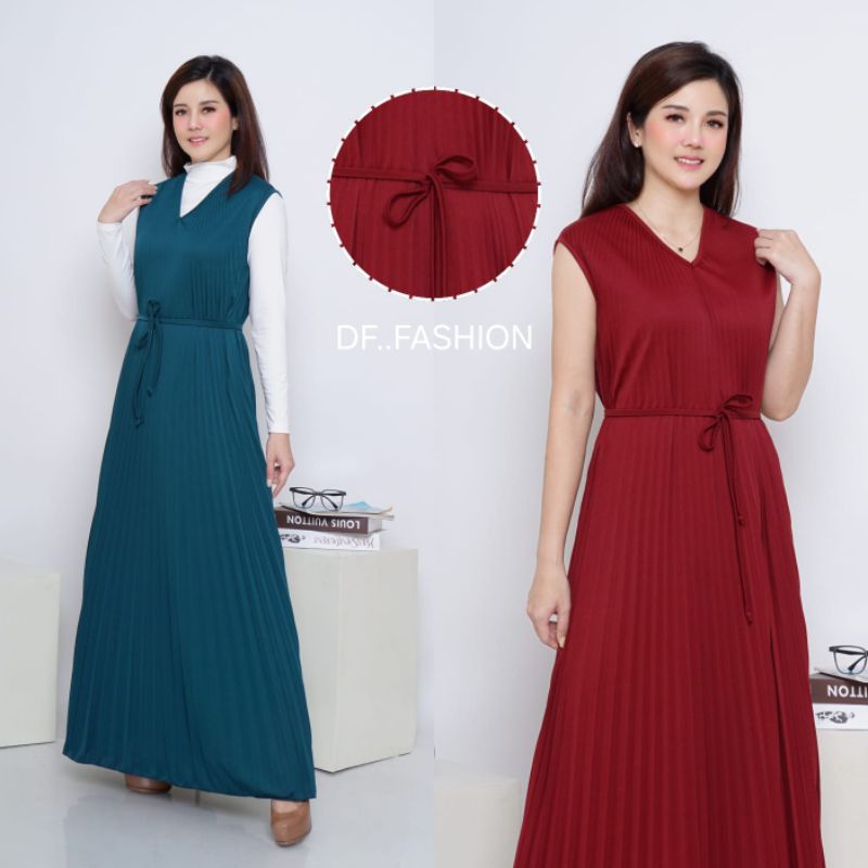 MARGIA LONG DRESS TANPA LENGAN / INNER PLISKET DRESS MAYUNG ADA TALI PINGGANG / MODEL LEHER V