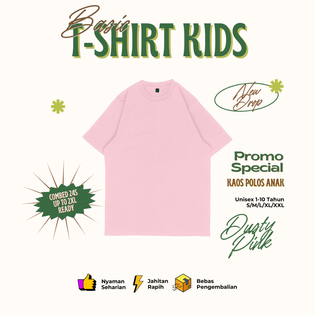Baju Kaos Polos Anak Warna Dusty Pink Bahan Combed 24s Umur 1-10 Tahun Ukuran S-2XL